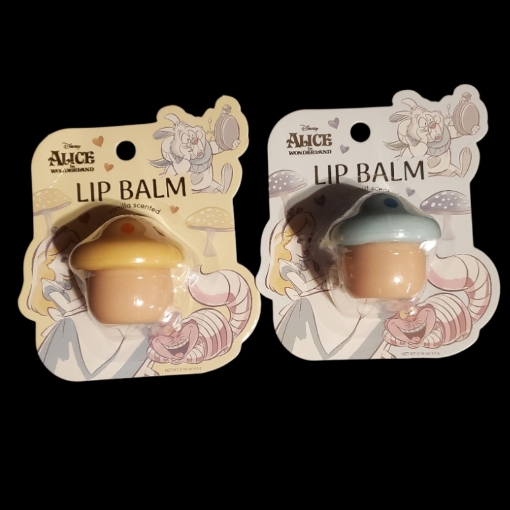 Disney Alice in Wonderland Vanilla and Coconut Scented Mushroom lip Balms.